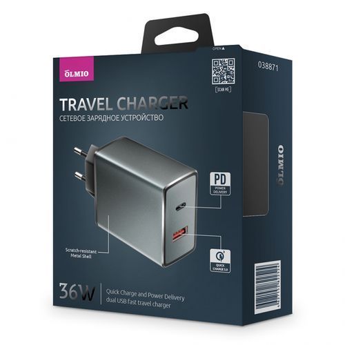 Зарядное у-во Olmio Power Delivery USB Type-C (3А, 20Вт, QC3.0)